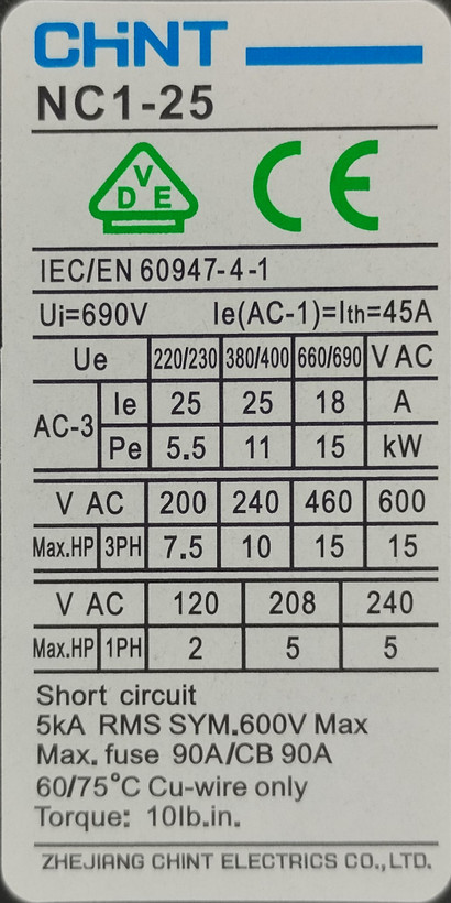کنتاکتور سه فاز 25 آمپر با بوبین 220 ولت CHINT اصلی سری NC1-2510 ا CHINT Magnetic Contactors مدل
