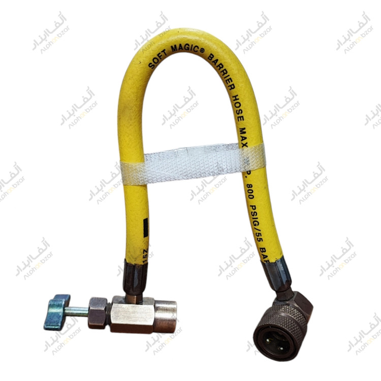 شیلنگ شارژ گاز کولر خودرو با کوپلینگ برنجی و شیر کنترل Nevisco مناسب گاز R134a