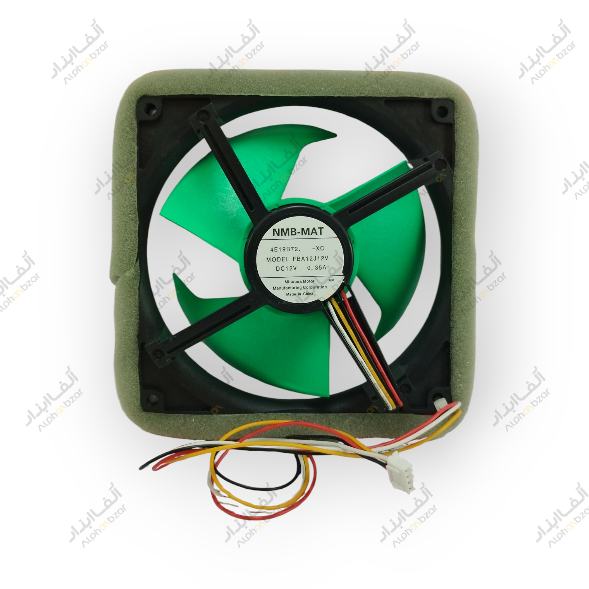 فن یخچال هیتاچی NMB-MAT FBA12J12V چهار سیمه 12 ولت با پره‌های سبز و سیم‌های رنگی PWM کنترل