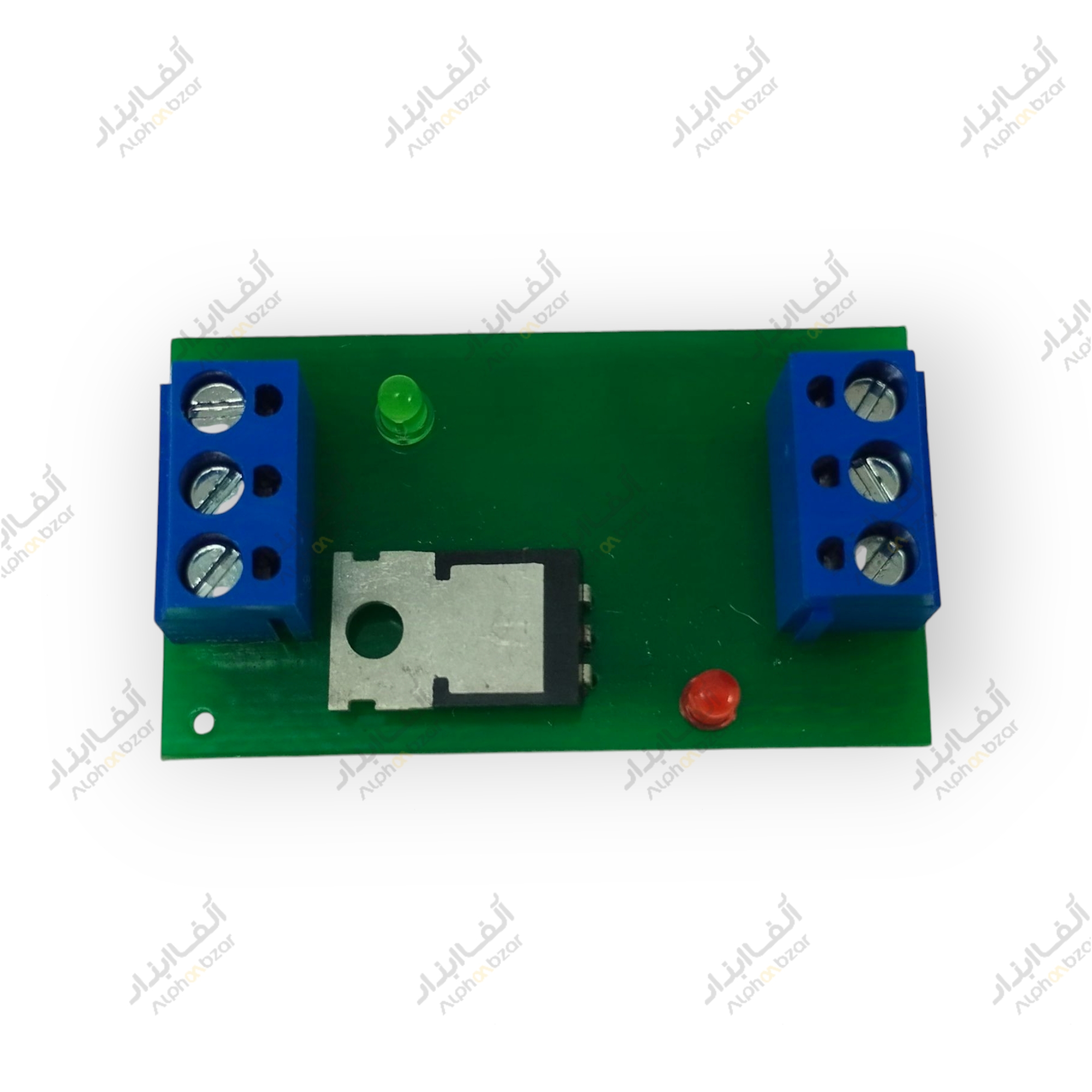 برد مبدل ولتاژ 14V به 12V DC با ترمینال‌های آبی رنگ و نشانگر LED سبز - نمای روی و پشت قطعه الکترونیکی مخصوص تبدیل ولتاژ در فن‌های یخچال‌های هیتاچی که شامل اتصالات پیچی، مقاومت‌های SMD، و مدار یکسوساز است
